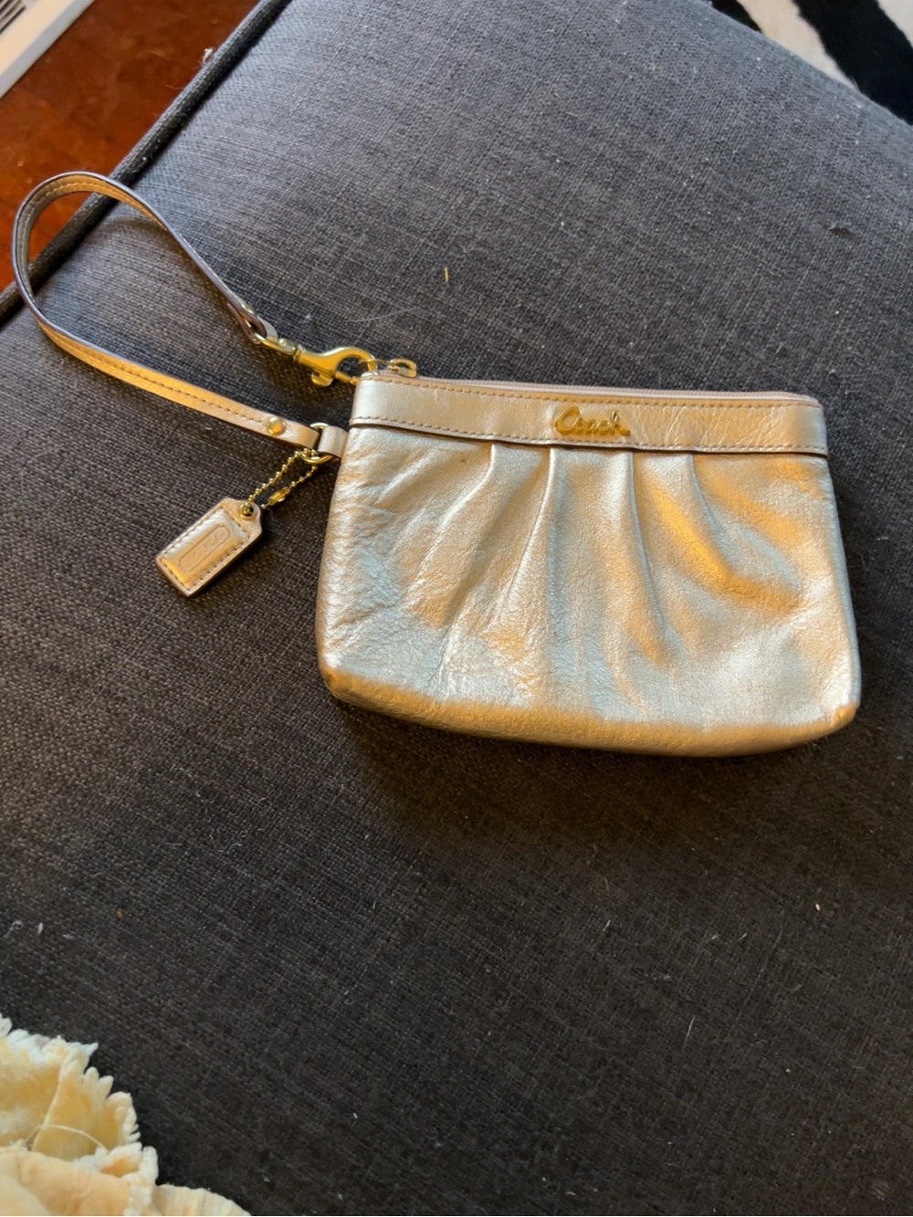 Coach Metallic Silver Leather Wristlet Clutch with Strap